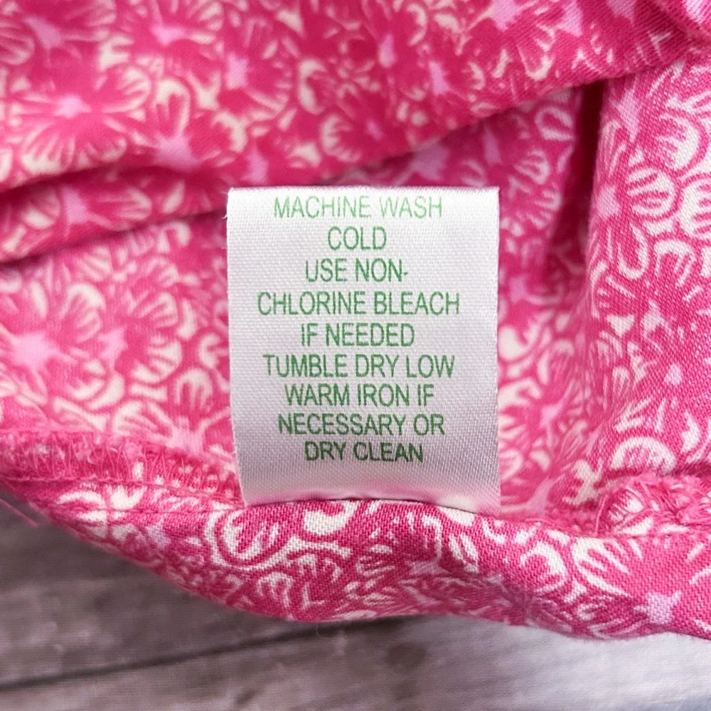 Lilly Pulitzer Pink Ivory Floral High V Neck Collar Button Up 3/4 Sleeve Blouse